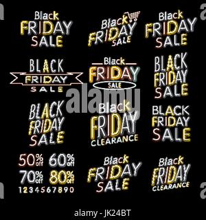 Black Friday Designs NEON | Retro Style Elements | Vintage Ornaments | Sale, Clearance | Vector Set | Black Friday retro light frame. ART Stock Vector