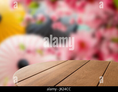wooden coffee table with japanese background Stock Photo
