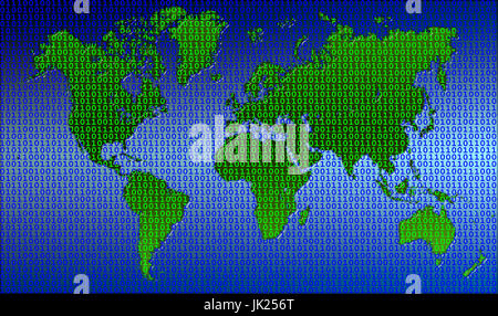 Global communications illustration with binary data covering a map of the world Stock Photo