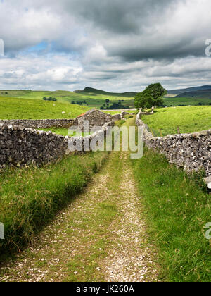 View Along Goat Scar Lane near Stainforth across Ribblesdale to Smearsett Scar Yorkshire Dales England Stock Photo