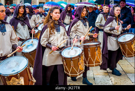 Altamura, Italy - April 25, 2016: musical group in medieval costume parade through the streets of Altamura. Fifth edition of 'Federicus - Medieval Fes Stock Photo