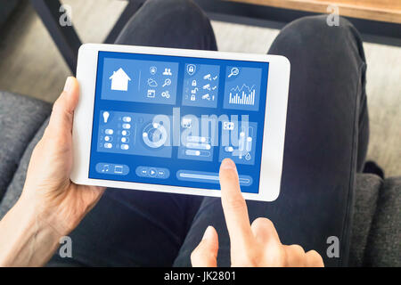 Person using smart home automation dashboard on a digital tablet computer with internet of things (IOT) to control connected objects (lights, security Stock Photo