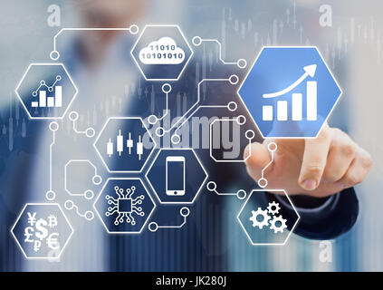 Fintech (financial technology) concept with businessman touching business intelligence (BI) analytics data icons connected with microchip electronic c Stock Photo