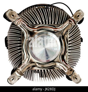 Close cpu cooler on a white background. View of the plate that is welded to the thermal paste on the back of the cpu Stock Photo