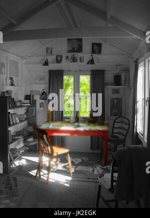 Interior of Dylan Thomas's writing shed in Laurghne, Carmarthenshire, Wales Stock Photo