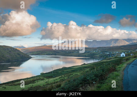 View over Loch Harport looking towards Carbost with the Black Cuillin in the background. Isle of Skye, Scotland Stock Photo