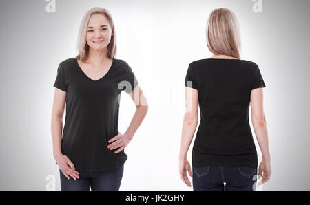 Shirt design and people concept - close up of young woman in blank black tshirt front and rear isolated. Mock up template for design print Stock Photo