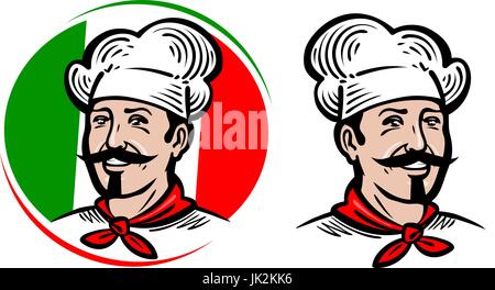 Chef, logo. Italian food, pizza, restaurant, menu label. Cartoon vector illustration Stock Vector