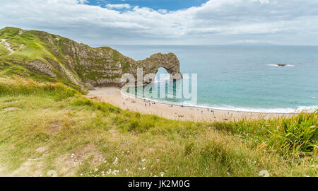 A view of Durdle Door at West Lulworth in Dorset from the cliff tops. Stock Photo