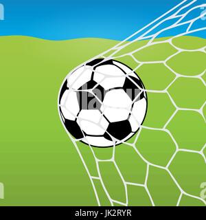 Soccer ball flying into the net, ball in goal against the background of a football lawn and blue sky Stock Vector