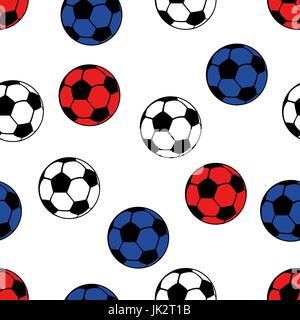Football balls seamless pattern, vector sport background. White, blue and red balls on a white backdrop Stock Vector