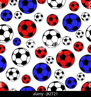 Football balls seamless pattern, vector sport background. White, blue and red balls on a white backdrop Stock Vector