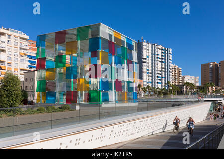 Malaga, Costa del Sol, Malaga Province, Andalusia, southern Spain.  The distinctive glass cube of the Pompidou Centre museum on Muelle Uno.  The struc Stock Photo