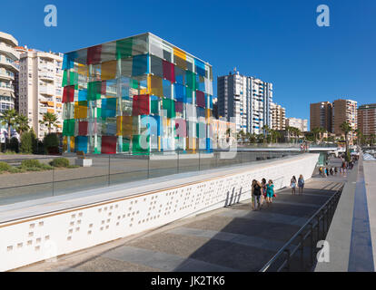 Malaga, Costa del Sol, Malaga Province, Andalusia, southern Spain.  The distinctive glass cube of the Pompidou Centre museum on Muelle Uno.  The struc Stock Photo