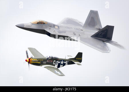 Lockheed Martin F-22 Raptor and P-51 Mustang Heritage Flight performing at Fairford International Air Tattoo 2017 Stock Photo