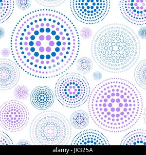 Hand drawn circles geometrical abstract seamless pattern. Violet, lilac, aubergine, lavender colors. Round shapes made of tiny dots background. Grunge Stock Vector