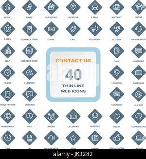 Contact Us - Set Of Thin Line Web Icons On A Rhombus Shields Isolated On A Background. Icon Set. Stock Vector