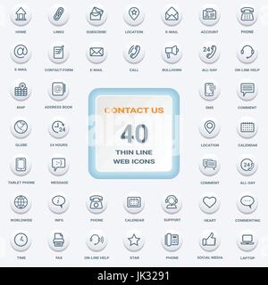 Contact Us - Set Of White Round Flat Thin Line Web Icons Isolated On A Background. Icon Set. Stock Vector