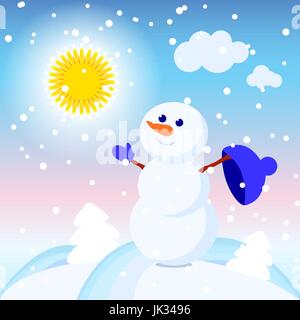 illustration of a snowman in a winter shiny day Stock Vector