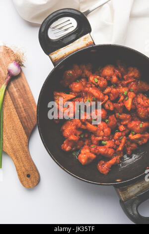 Gobi Manchurian dry - Popular street food of India made of cauliflower florets, selective focus Stock Photo