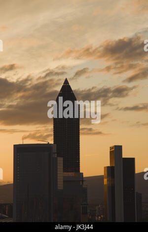 Germany, Hessen, Frankfurt am Main, Financial District view towers Messeturm tower, sunset, Stock Photo
