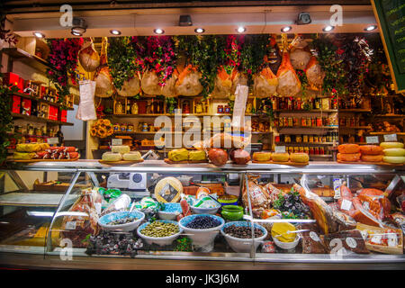 Delicatessen shop at the central food market in Florence Italy with many specialties on display Stock Photo