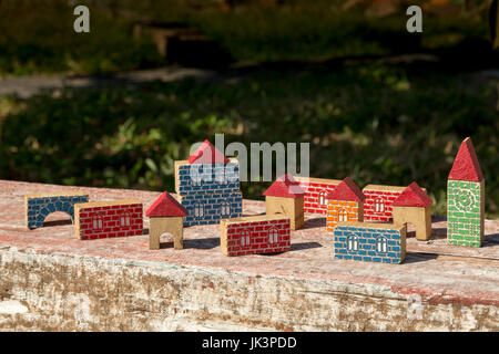 Wood bricks building, rustic wooden block play town, timber construction blocks village, children's toys Stock Photo