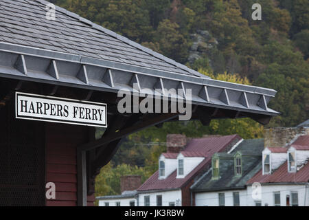 USA, West Virginia, Harpers Ferry, Harpers Ferry National Historic Park, train station sign Stock Photo