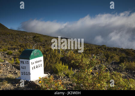 France, Reunion Island, Cirque de Mafate, Le Maido, road marker on Piton Maido Peak (el.2205 meters) Stock Photo