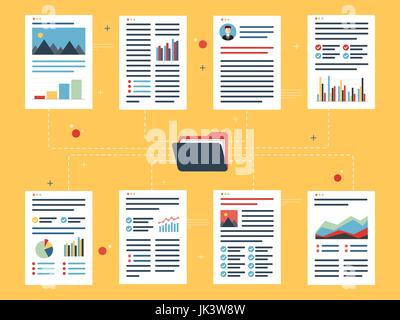 Documents with data and financial information, charts and business reports and folder in flat design vector illustration. Concept of data analytics, o Stock Vector