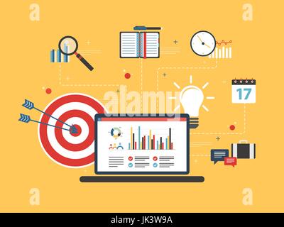 Laptop with business data and chart of finance on screen. Target and lamp bulb in flat design vector illustration. Concept of success business, financ Stock Vector