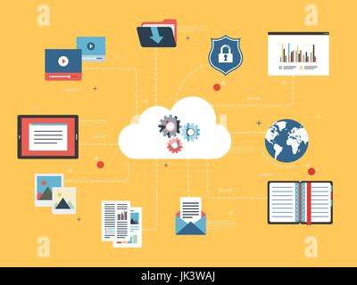 Icon of cloud computing with gear. Icons of marketing, computer, security and business. Concept of file sharing in the cloud computing and promotional Stock Vector