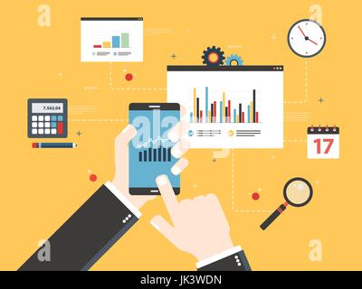 Hands holding smartphone, finance app screen with graph gain in investment. Website with charts, finance and business icons design. Concept of finance Stock Vector