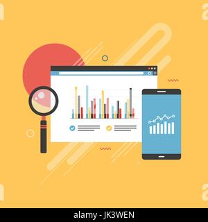 Icon of smart phone and internet page with financial chart on screen, magnifying glass and graphics shape in yellow background. Concept of finance and Stock Vector