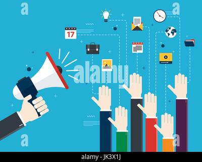 Hands holding a megaphones and hands raised. Job advertisement, volunteers, voting and opinion. Concept of opinion, collaboration and business. Design Stock Vector