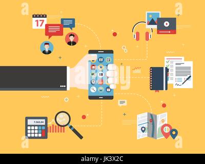 Hand holding mobile phone with apps on screen. Icons of business, location, messages and investment, business contract and social media around. Flat v Stock Vector