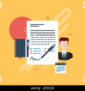 Documents of agreement or reports with data for signature, businessman, appointment book and calendar in the form of icons. Graphics on yellow backgro Stock Vector
