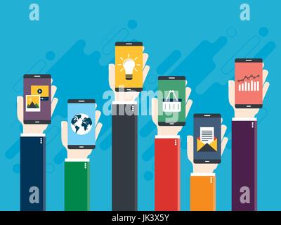 Vector illustration of raised hands holding smart phones with icons of e-commerce, chart finance, e-mail, photo and video, map of world and lamp. Conc Stock Vector