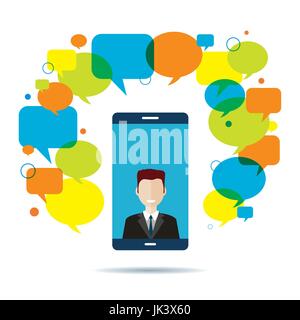 Smart phone with businessman on video conference on screen and text message speech bubble. Mobile chat concept, communication and business, wireless t Stock Vector