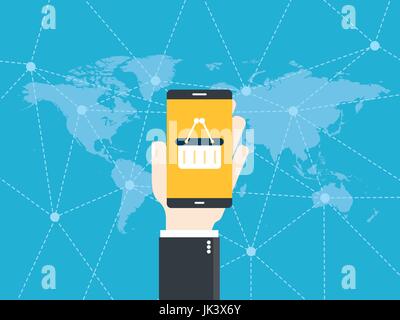 Hand holding smart phone. E-commerce application on the shopping cart screen. World map on blue background with location points interconnected by line Stock Vector