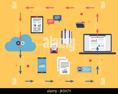 Cloud computing and financial data sharing in laptop. Concepts big data analysis, document share, cloud computing and data network, financial data and Stock Vector