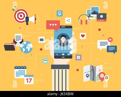 Hand holding smart phone with apps of communication, location, messages, social media, calendar and marketing around. Flat vector illustration in yell Stock Vector