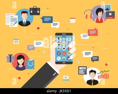 Hand holding smart phone with screen apps, represented by business management, investment, internet shopping and social media with people in communica Stock Vector