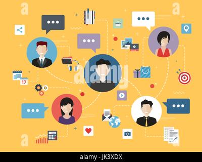 Icons of business people connected by work, exchanging business messages and doing marketing, business and finance tasks. Concept of icons in vector i Stock Vector