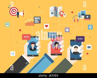 Hand holding smart phone with apps of communication. Icons of  investment, messages, social media and marketing around. Flat vector illustration in ye Stock Vector
