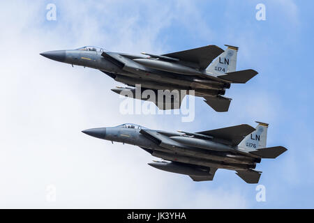 F-15C Eagle pair from Lakenheath take part in a special USAF 70th anniversary flypast at the 2017 Royal International Air Tattoo at Royal Air Force Fa Stock Photo