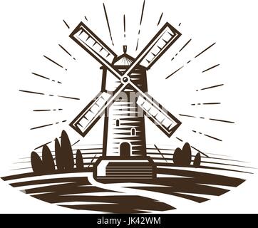 Mill, windmill logo or label. Farm, agriculture, bakery, bread icon. Vintage vector illustration Stock Vector