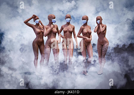 Robot women wearing masks standing in gas Stock Photo