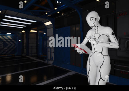 Robot woman using digital tablet Stock Photo