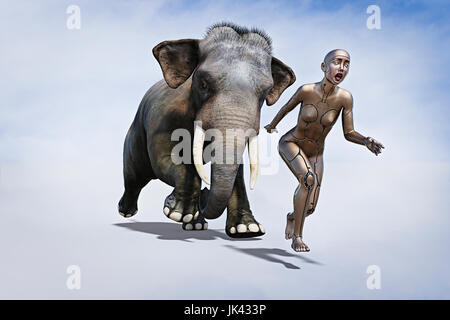 Elephant chasing robot woman Stock Photo